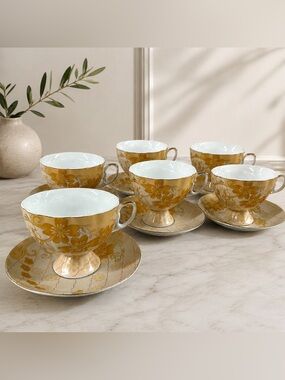Yamasen Gold Collection Japan 24K Gold Plated Tea Cups & Saucers Set of 6